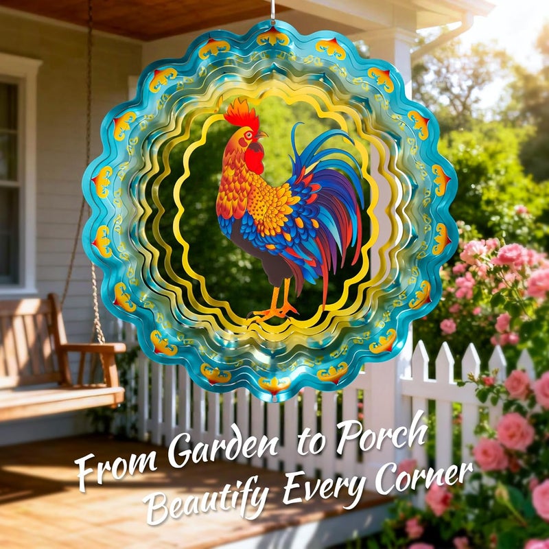 SUNCKET Stainless Steel 3D Chicken Wind Spinner Garden Yard Patio Porch Decor, Birthday Gifts for Women Mom Grandma, 12 Inch Hanging Rooster Wind Spinners Outdoor Chicken Coop Decoration - Image 4